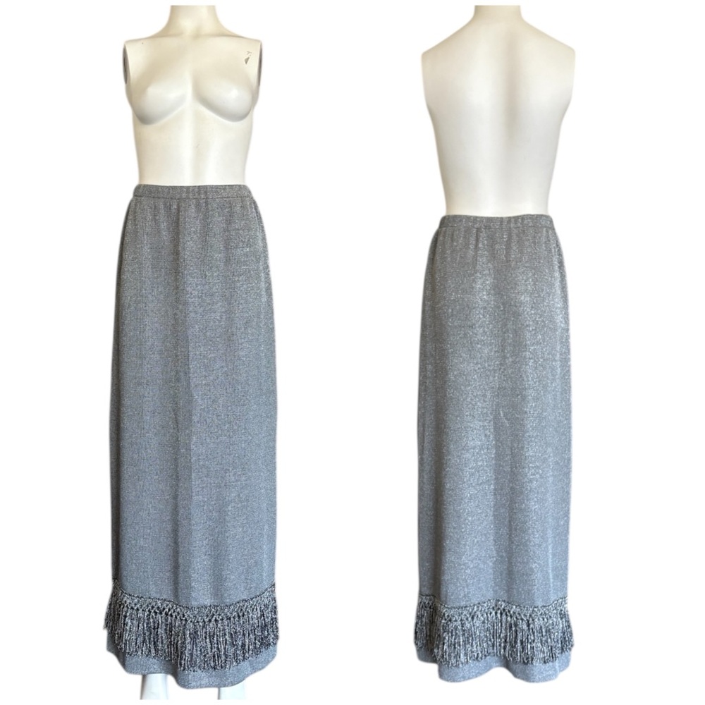 Vintage 70’s Shimmering Metallic Silver Black Fringed Maxi Skirt FRED ROTHSCHILD
